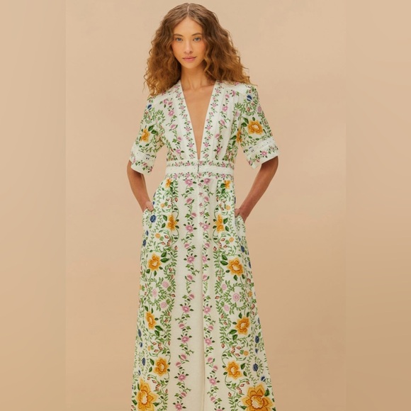 FARM Rio Folk Floral Linen Blend Jumpsuit